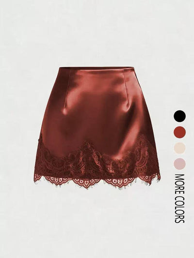 Luna Lace Satin Mini Skirt by EXCLUSIVES in burgundy satin with a scalloped lace hem