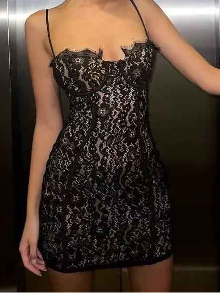 Noir Lace Corset Mini Dress by Exclusives; black lace, fitted corset bodice, mini length