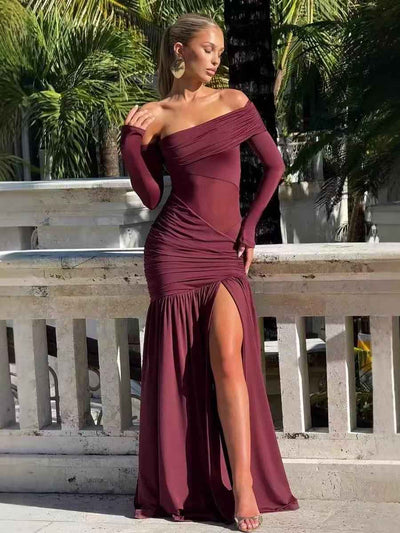 One-Shoulder Mesh Panel Maxi Dress in burgundy with high slit