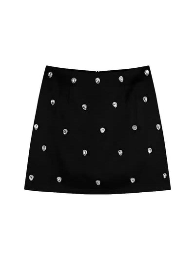 Black A-line mini skirt adorned with scattered pear-shaped crystal gems.