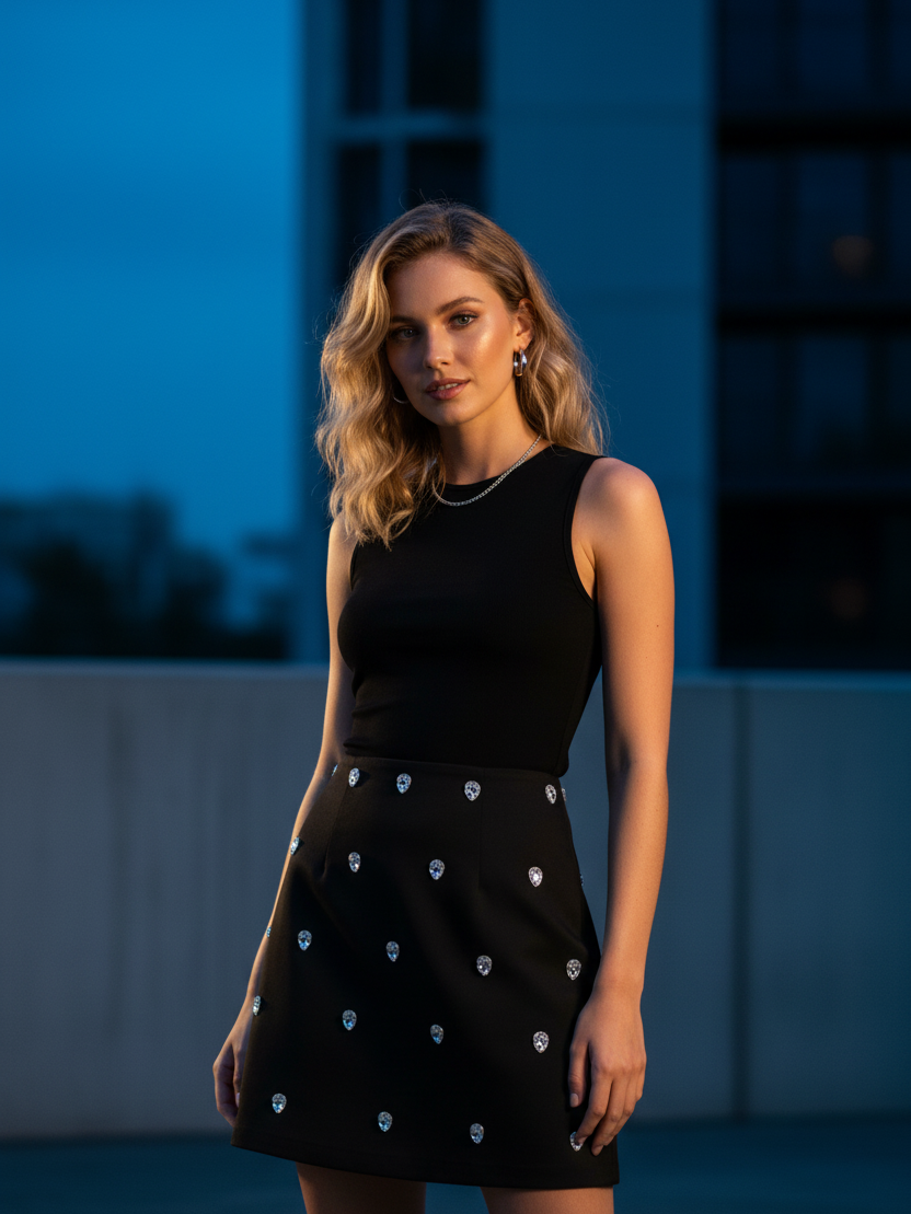 Model wearing black sleeveless top and gem-studded black A-line mini skirt on a blue-toned city rooftop.