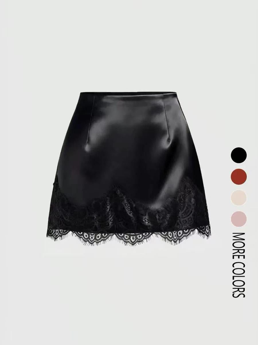Luna Lace Satin Mini Skirt by EXCLUSIVES, black satin with lace hem
