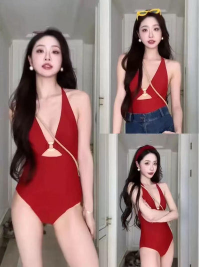 Plunge Halter Ring One‑Piece Swimsuit.