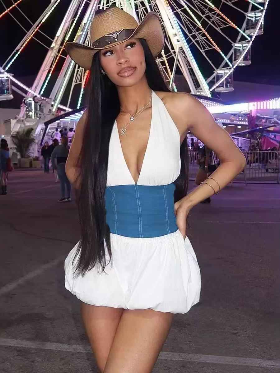 Denim Corset Halter Bubble Mini Dress