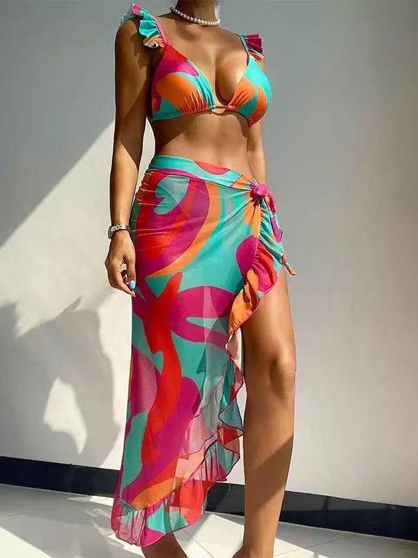 Fiesta Abstract Ruffle Bikini & Wrap Swimsuit Set
