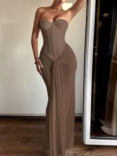 Ophelia Corset Maxi Dress in taupe-brown; strapless corset bodice with draped knot at hip.