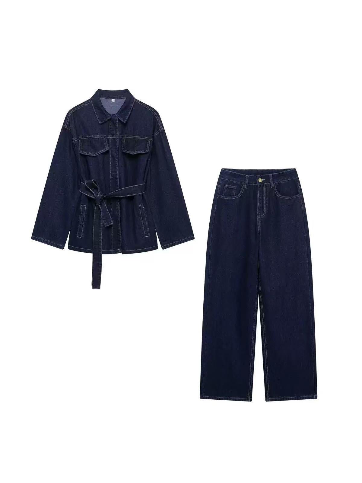 Denim Long Jacket Top & Pants coord Set with Belt