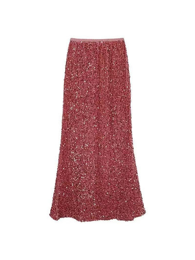 Rose-pink sequin maxi skirt with a light pink waistband, floor-length and fully covered in shimmering sequins.