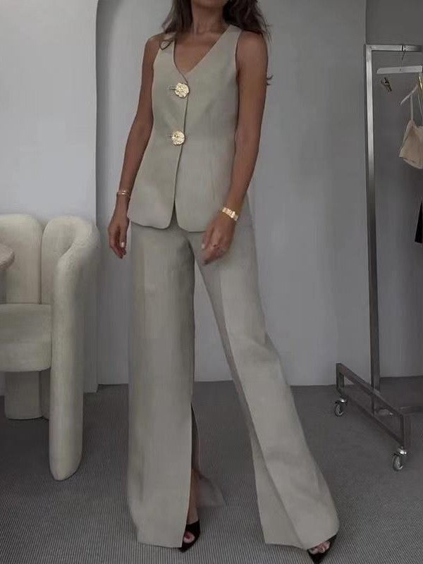 Shell Long Vest Waist Coat & Wide Leg Pant With Slit Coord Set