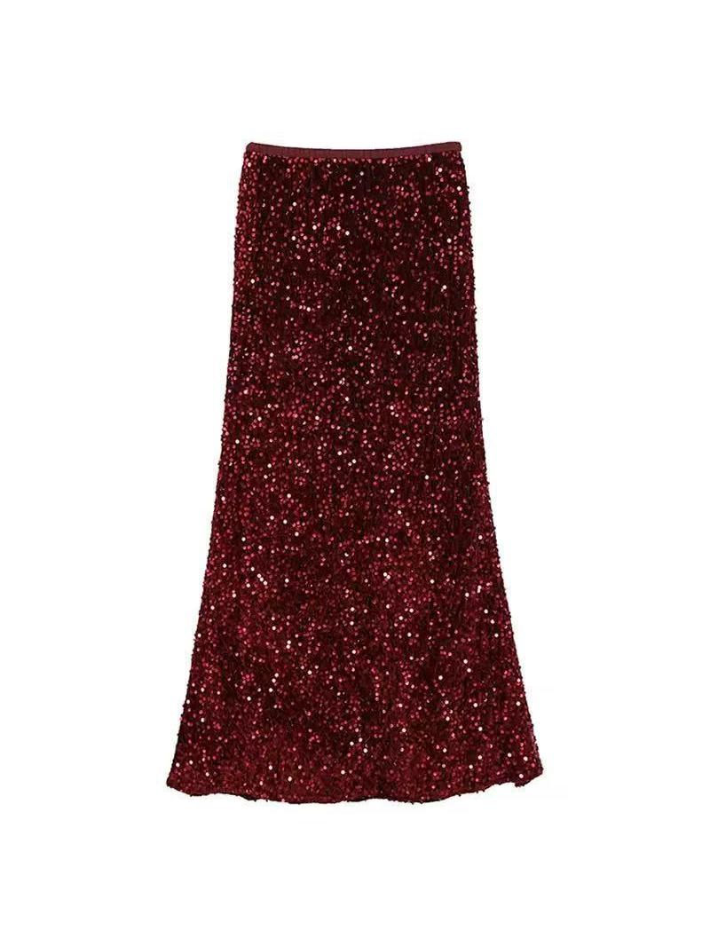 Deep burgundy sequin maxi skirt with all-over sparkling sequins and a slim waistband.