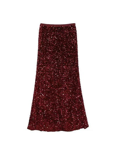 Deep burgundy sequin maxi skirt with all-over sparkling sequins and a slim waistband.