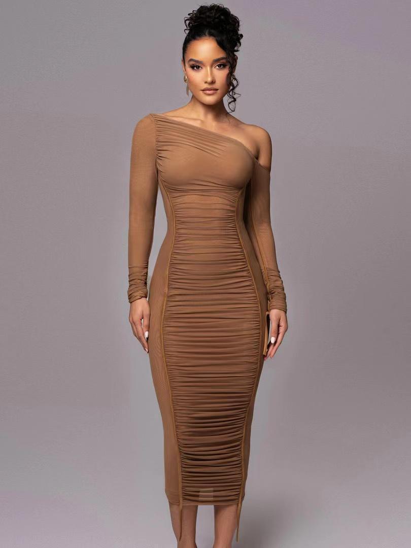 Off Shoulder Full Sleeves Ruched Midi Dress