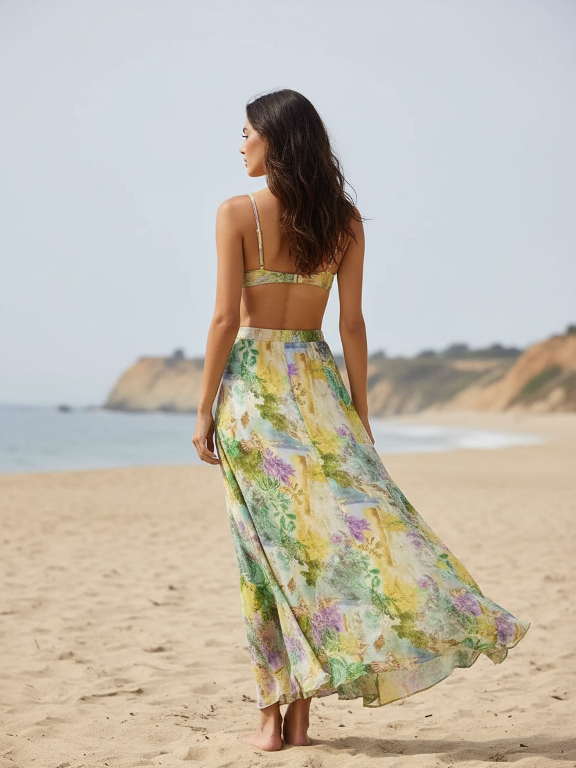 Tropical Print Cut-Out Swimsuit & Maxi Skirt Set
