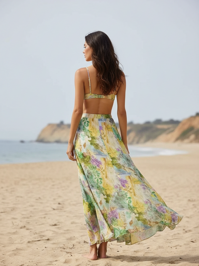 Tropical Print Cut-Out Swimsuit & Maxi Skirt Set