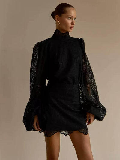 Lantern Sleeve Turtleneck Lace Top & Skirt Coord Set by Exclusives, black lace 2-piece outfit