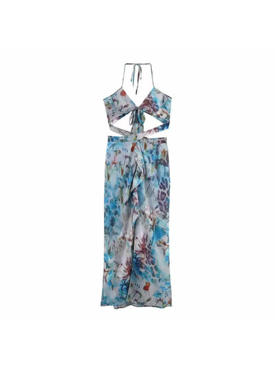 Floral Print Cutout Halterneck Frill Dress