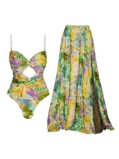 Tropical Print Cut-Out Swimsuit & Maxi Skirt Set