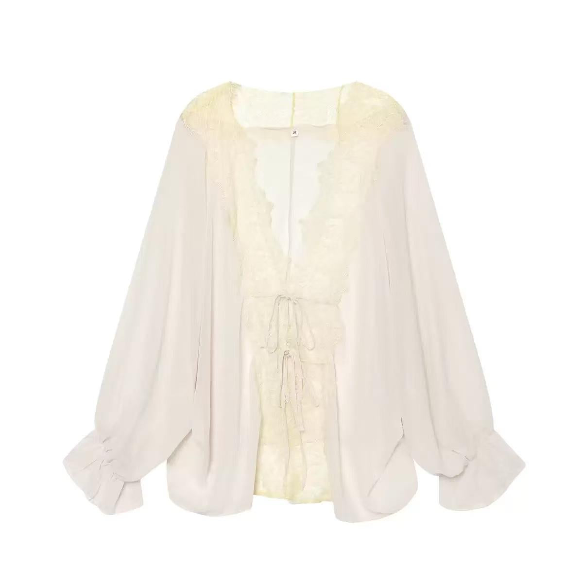 Amélie Lace Trim Tie-Front Blouse by EXCLUSIVES in ivory; lace trim, tie-front, voluminous sleeves.