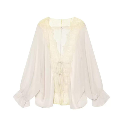 Amélie Lace Trim Tie-Front Blouse by EXCLUSIVES in ivory; lace trim, tie-front, voluminous sleeves.