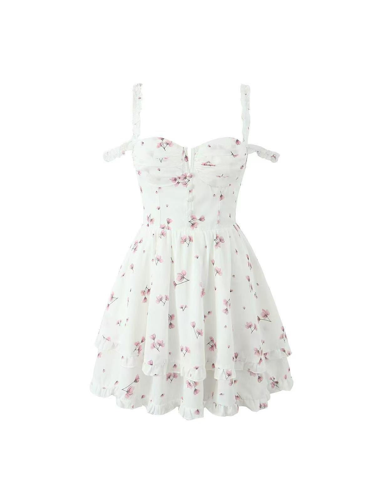 Spaghetti Strap Floral Blossom Print Short Flare A Line Dress