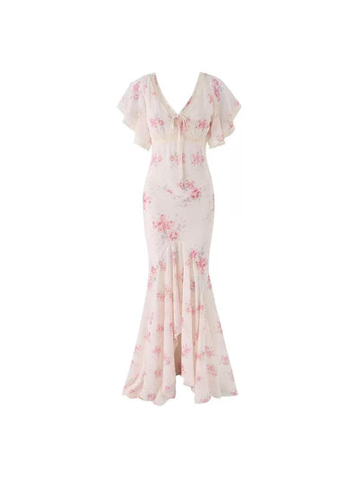 Juliette Floral Maxi Dress, cream with pink floral print, flutter sleeves, lace waist, floor-length.