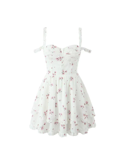 Spaghetti Strap Floral Blossom Print Short Flare A Line Dress