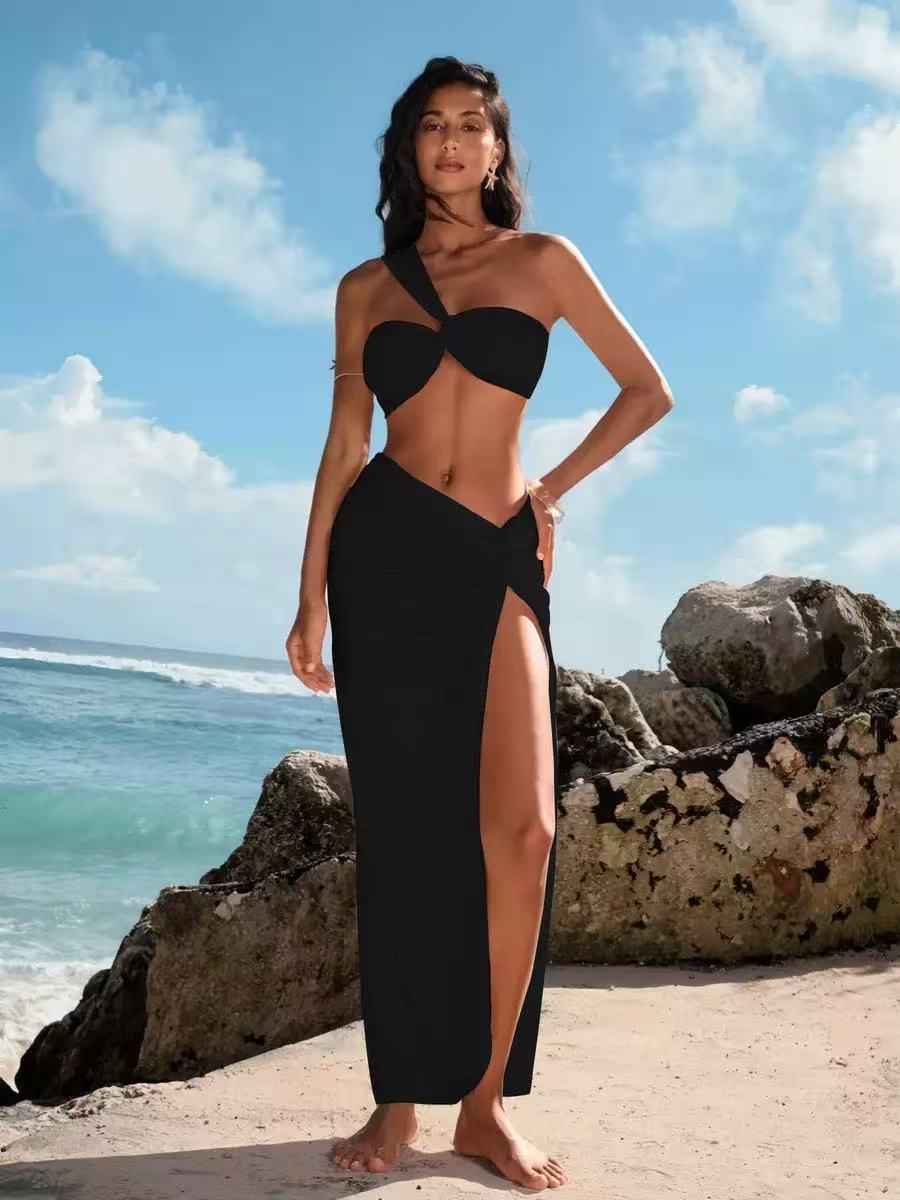 One-Shoulder Cutout Bikini Top & High-Slit Maxi Skirt Set, black two-piece beachwear on model.