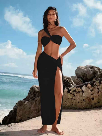 One-Shoulder Cutout Bikini Top & High-Slit Maxi Skirt Set, black two-piece beachwear on model.