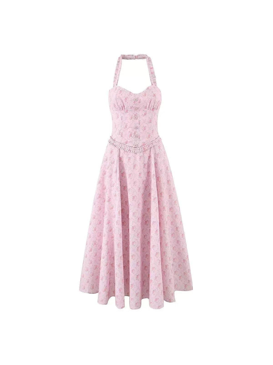 Floral halter corset swing maxi dress