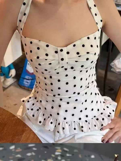 Ruffle Hem Polka Dot Halter Top