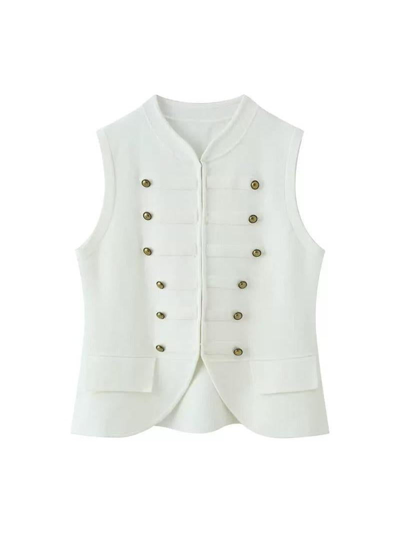 Regal Brass Button Vest Top by Exclusives, white sleeveless vest with double brass-button front and flap pockets