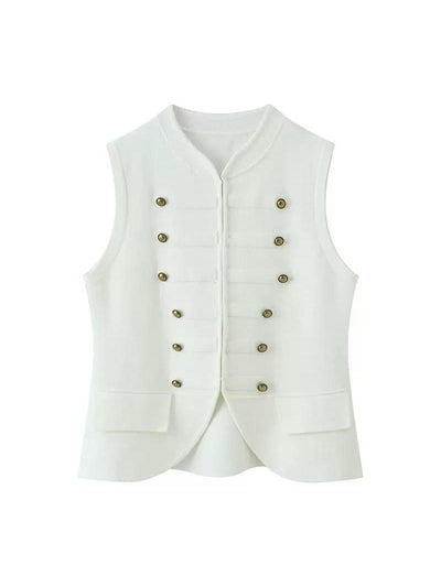 Regal Brass Button Vest Top by Exclusives, white sleeveless vest with double brass-button front and flap pockets