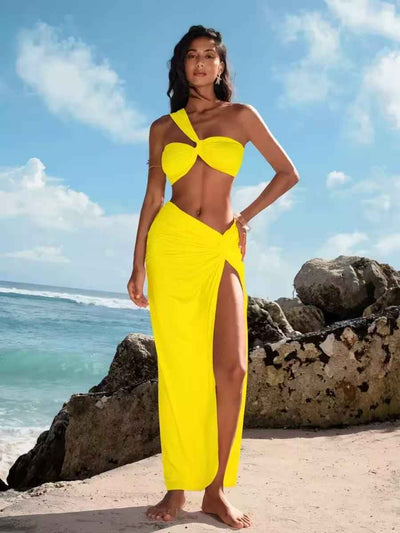 Exclusives yellow 2-piece bikini set: one-shoulder cutout top with high-slit maxi skirt, on sale