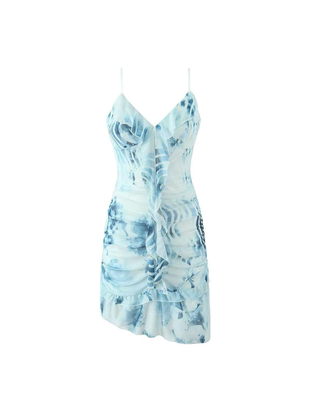 Asymmetric Ruched Tie Dye Print Short A Line Dress