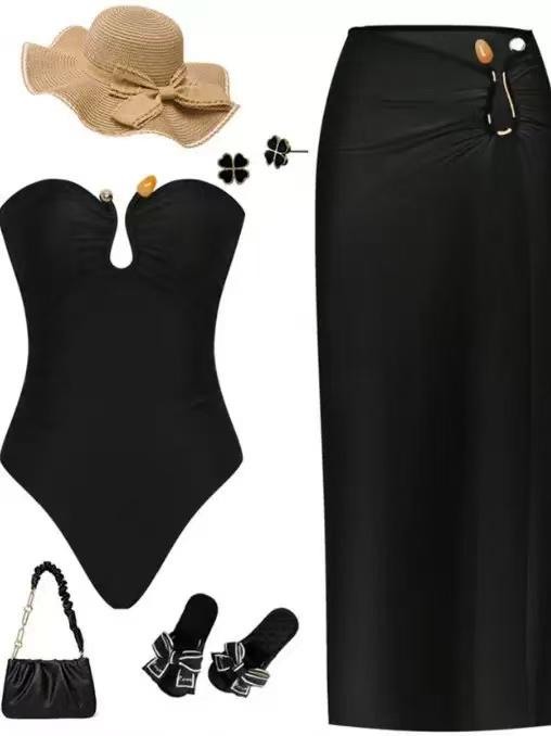 Midnight Siren Swimsuit by EXCLUSIVES, black 6-piece outfit set with swimsuit, skirt, hat, bag and sandals.