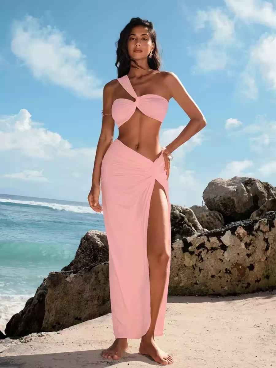 Exclusives pink one-shoulder cutout bikini top and high-slit maxi skirt outfit set