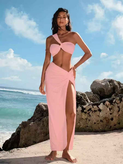 Exclusives pink one-shoulder cutout bikini top and high-slit maxi skirt outfit set