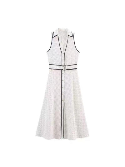 Sleeveless belted shirt midi dress with contrast piping