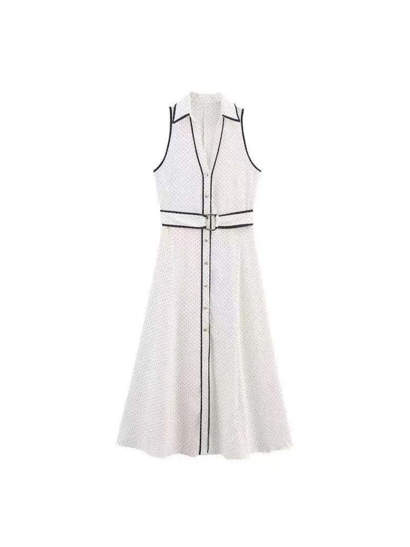Sleeveless belted shirt midi dress with contrast piping