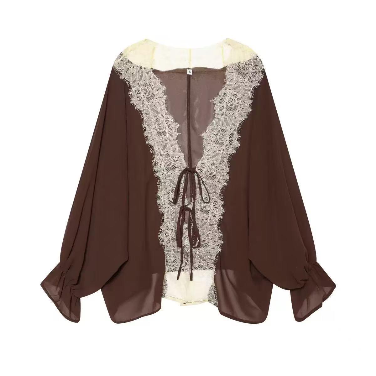 Amélie Lace Trim Tie-Front Blouse, brown chiffon top with cream lace trim and front tie.