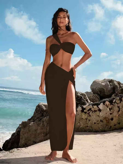 One-Shoulder Cutout Bikini Top & High-Slit Maxi Skirt Set, black, outfit set