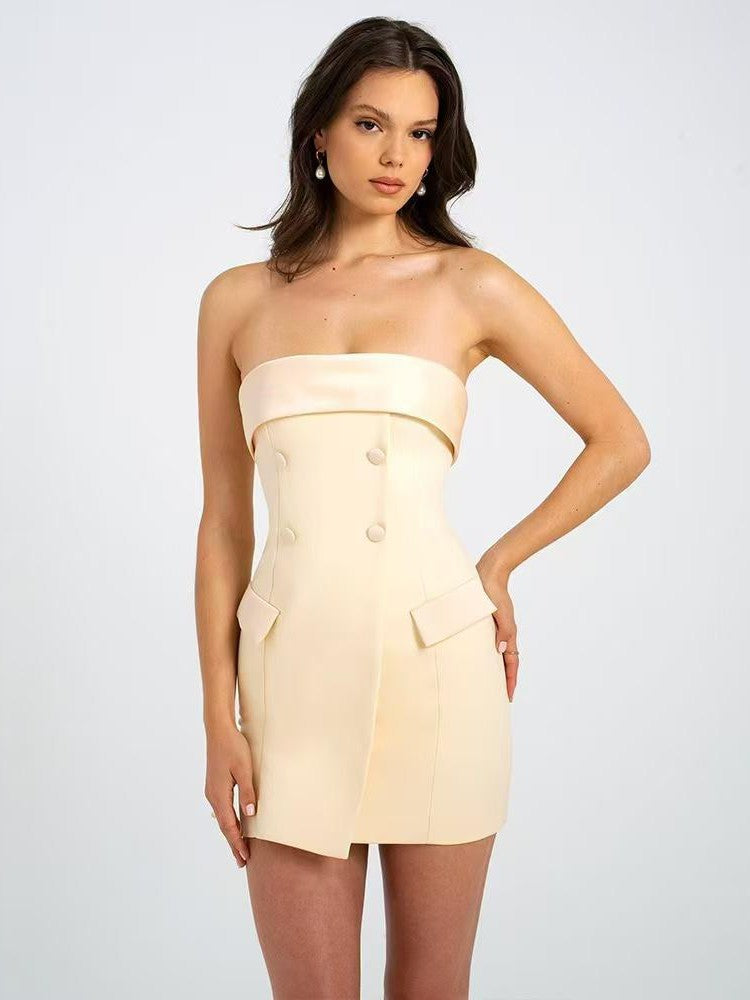 beige tube top short dress Betty Woven Tube Top Flare Mini Dress