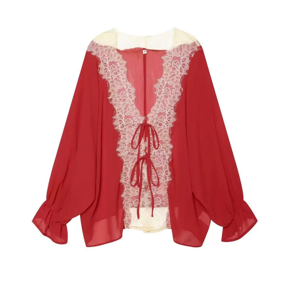 Amélie Lace Trim Tie-Front Blouse, red chiffon with cream lace trim and front ties