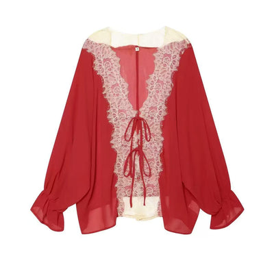 Amélie Lace Trim Tie-Front Blouse, red chiffon with cream lace trim and front ties