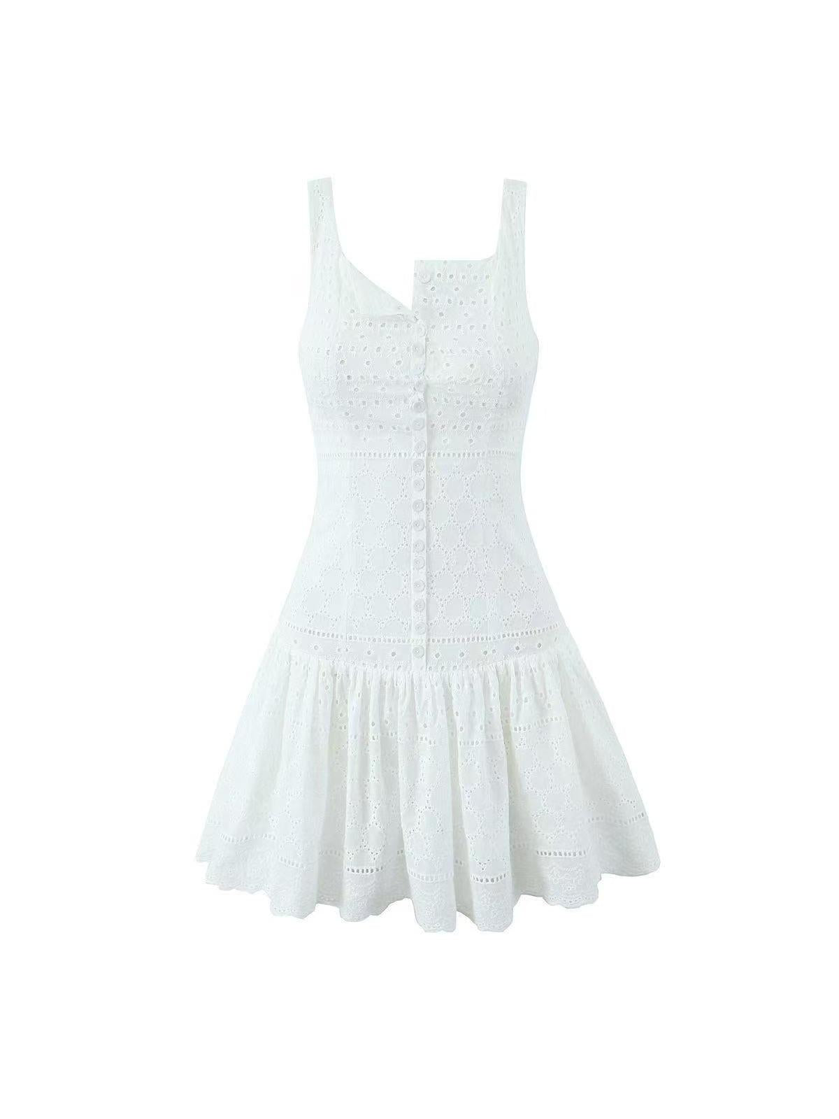White Cotton Chikan Short Flare Dress
