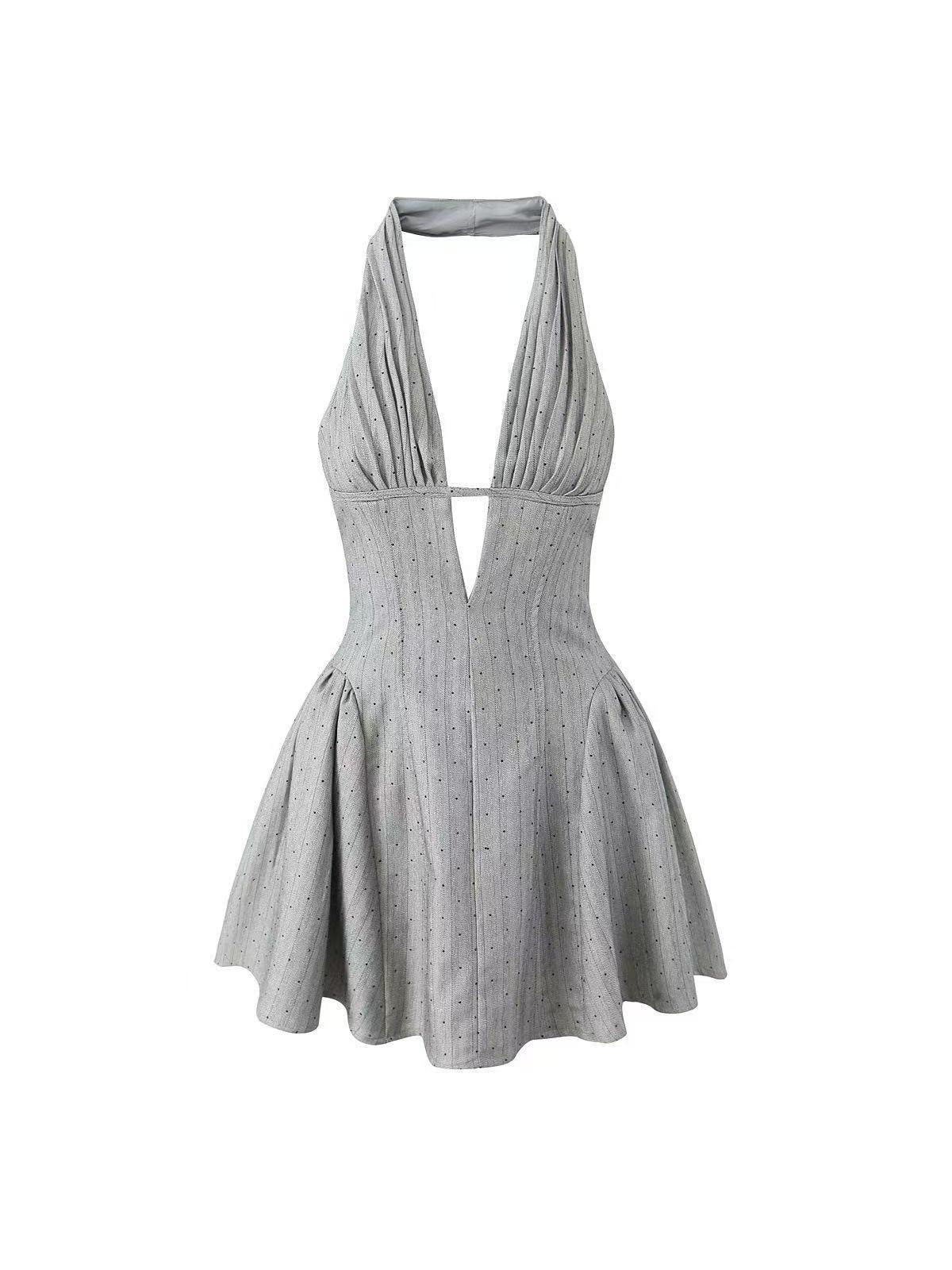 Rhinestone Deep Neck Grey Halterneck Short Flare Dress