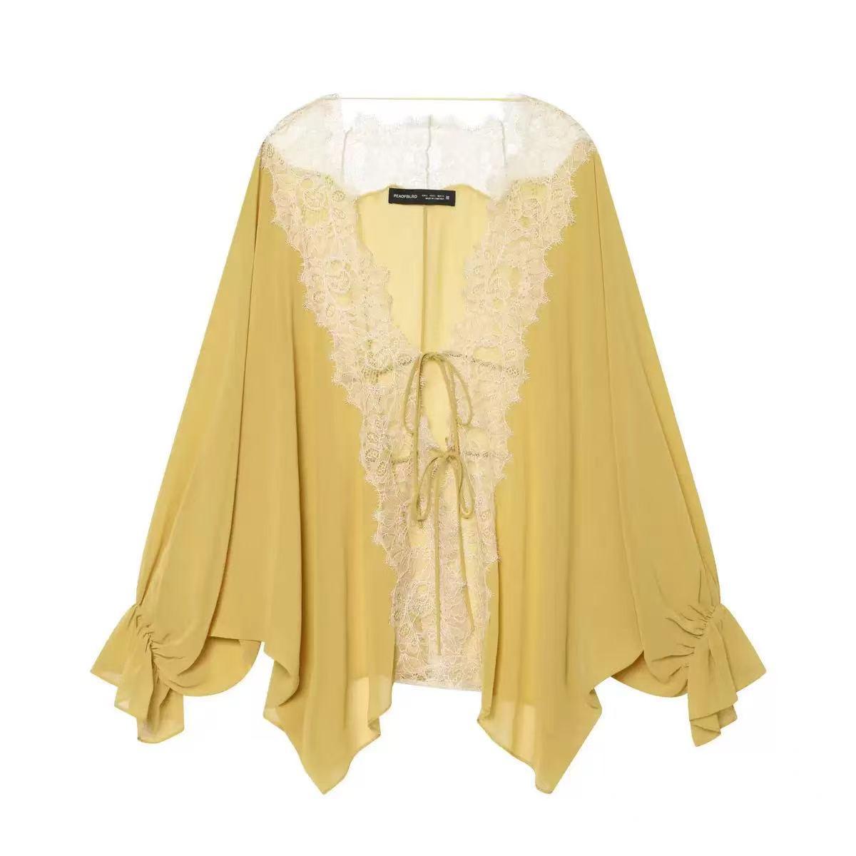 Amélie Lace Trim Tie-Front Blouse by EXCLUSIVES, yellow with delicate lace trim and tie-front closure.