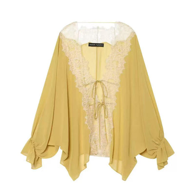 Amélie Lace Trim Tie-Front Blouse by EXCLUSIVES, yellow with delicate lace trim and tie-front closure.