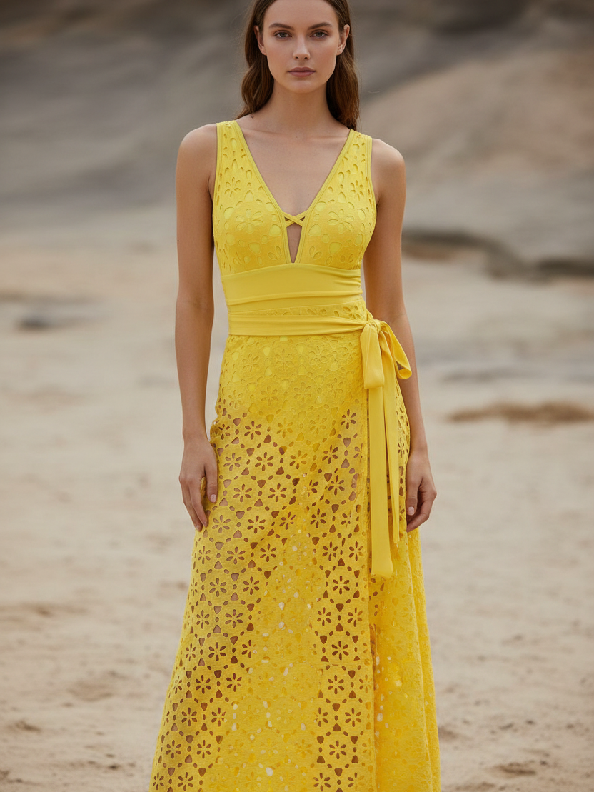 Daisy Cutwork Swimsuit & Wrap Skirt Set