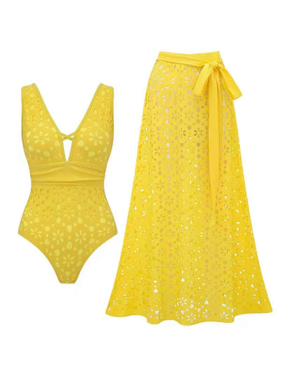 Daisy Cutwork Swimsuit & Wrap Skirt Set